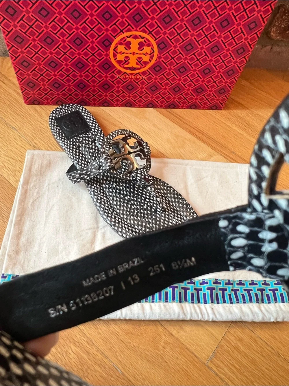 Tory Burch Black Polka Dot Snake Print Embossed Leather Metal Miller 2 Sandals